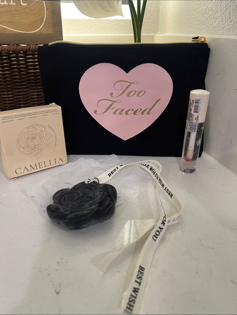 Too Faced Black Cosmetic Pouch with Pink Heart Logo and Gold Script bundle